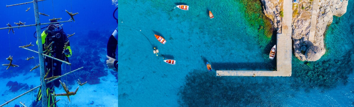 Underwater coral diving and aerial image of fishing boats in Curaçao